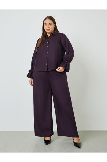 Plus Size Cotton Shirt with Drawstring Cuff Sleeve