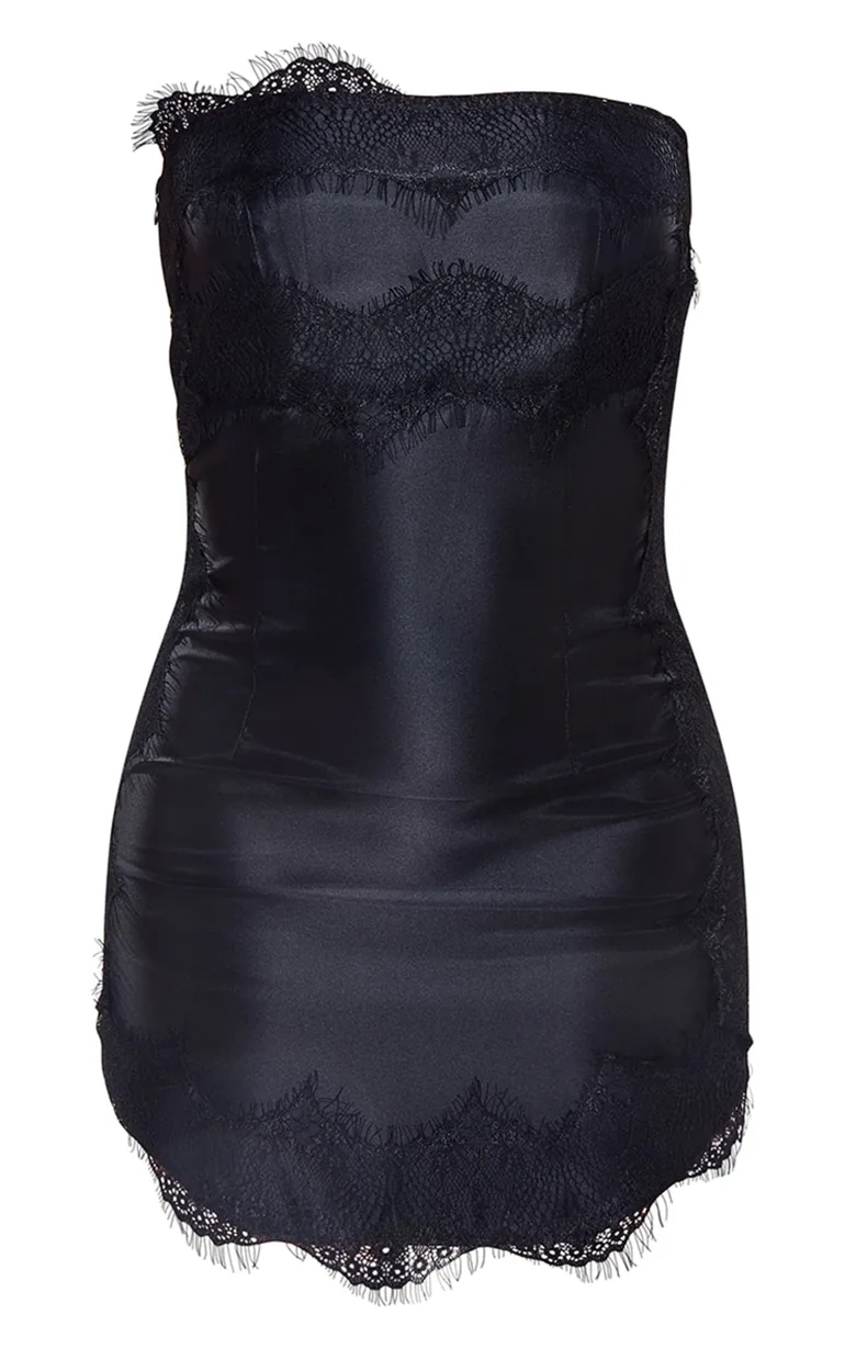 Shop Black Lace Trim Satin Tailored Bandeau Bodycon Dress Online in Bahrain