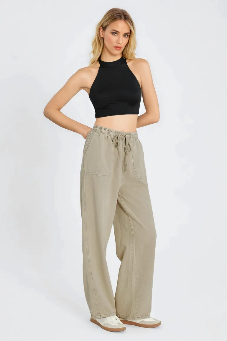 Beige Pocket Detailed Denim Look Wide Leg Trousers - 1
