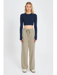 Beige Pocket Detailed Denim Look Wide Leg Trousers - 3