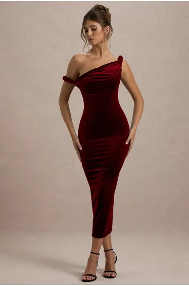 Carella | Berry Velvet Twisted Asymmetric Midaxi Dress