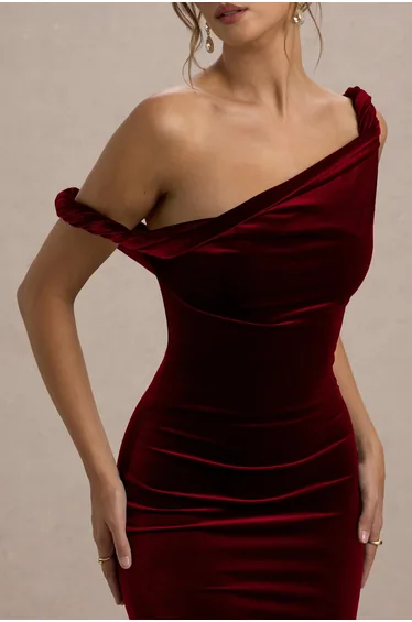 Carella | Berry Velvet Twisted Asymmetric Midaxi Dress