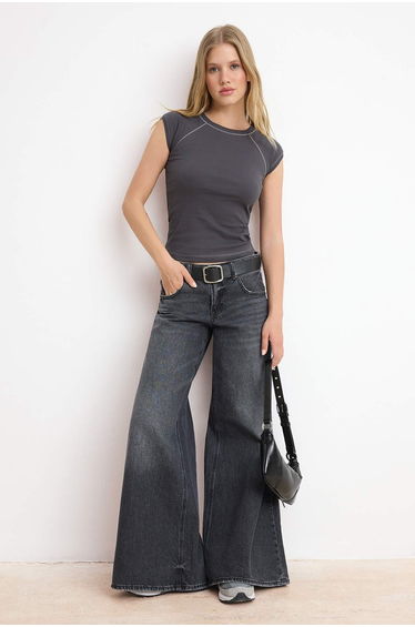 Anthracite Fitted Raglan Sleeve Short Sleeve Ribbed/Camisole Knitted Blouse
