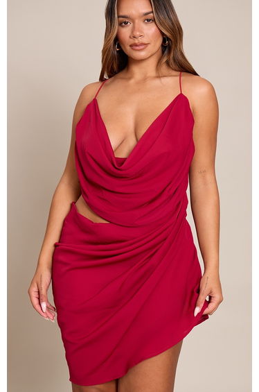 Shape Burgundy Chiffon Drape Cut Out Mini Dress
