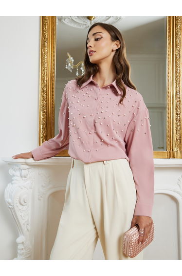 Women Pink Pearl Embellished Long Sleeve Shirt