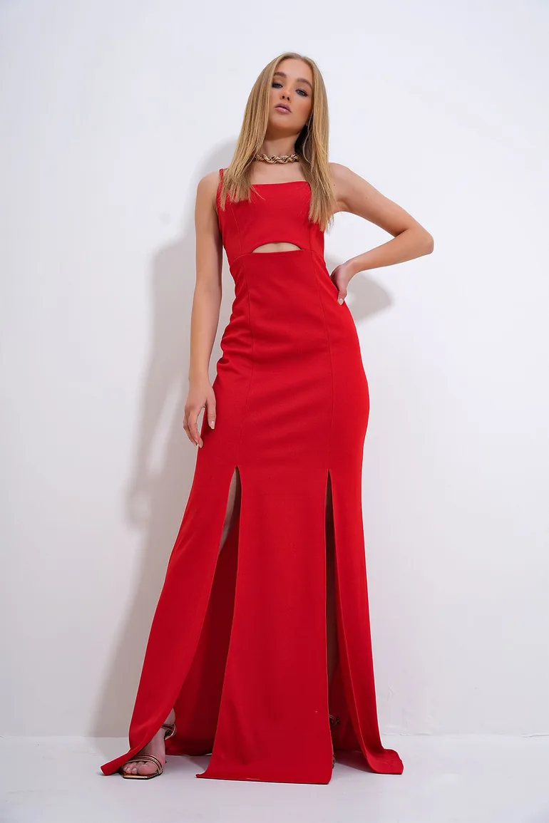 Women's Red Adjustable Strap Out Cut Slit Graduation Dress - 6