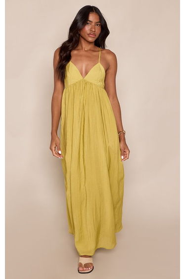 Chartreuse Woven Open Back Trim Detail Floaty Maxi Dress