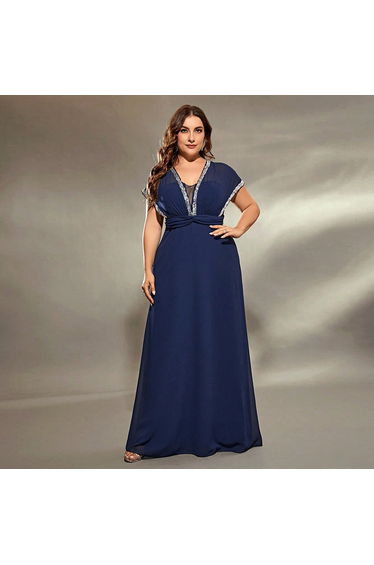 Leely Plus Women's Elegant V Neck Batwing Sleeve A Line Dress