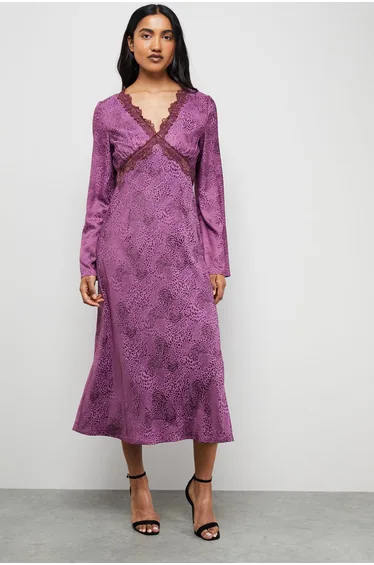 Satin Jacquard Lace Insert Godet Midi Dress