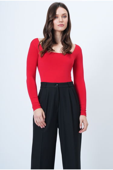 Women's red square neck jumpsuit bodysuit with bottom snap closure