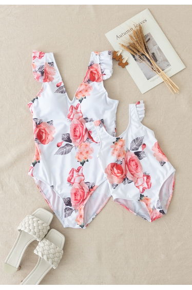Rose Print Ruffle Detail Swimsuit for Mommy & Kids