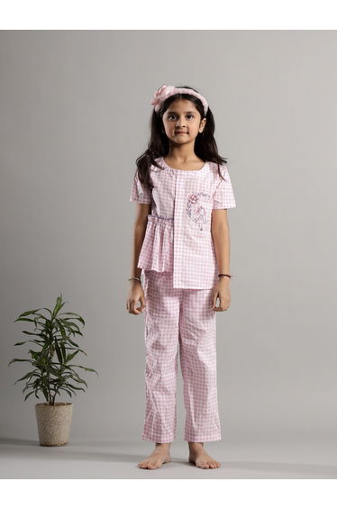Checked Embroidered Top and Pants Set