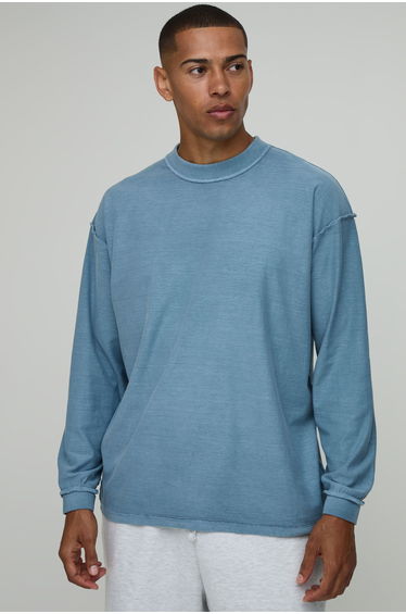 Oversized Washed Exposed Seams Long Sleeve T-Shirt - blue