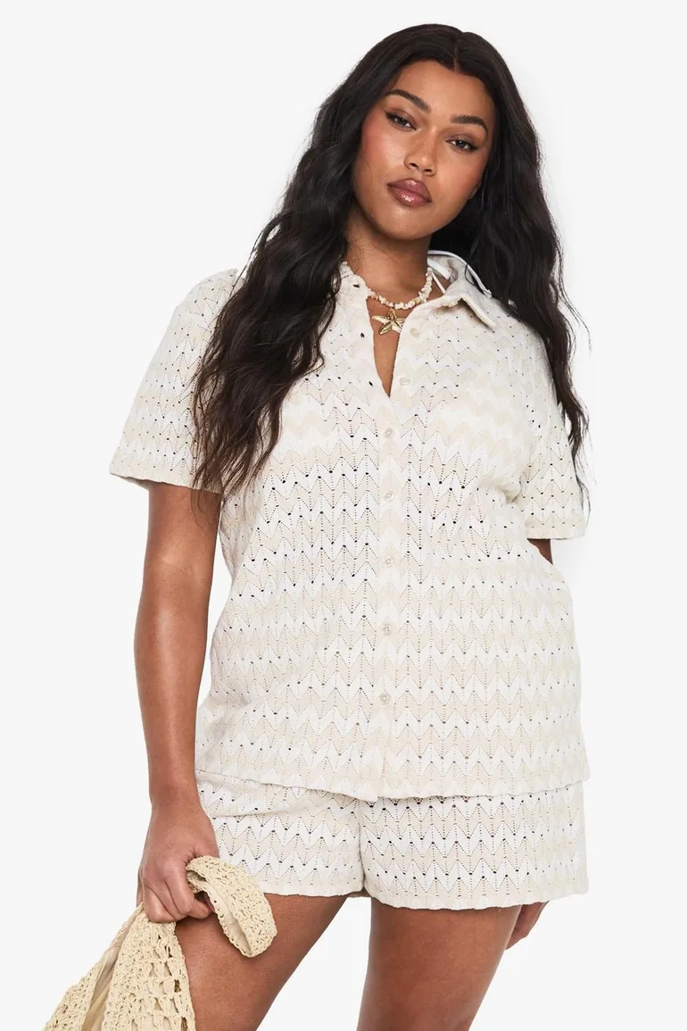 Plus Zig Zag Knitted Beach Shirt - beige - 1