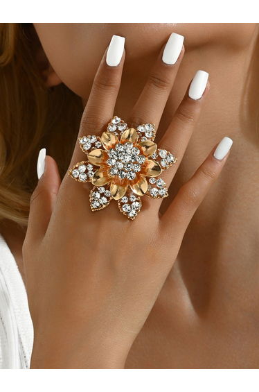 Gold Tone Embellished Flower Statement Ring