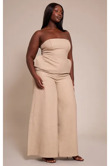Plus Stone Woven Tailored Extreme Wide Leg Trousers