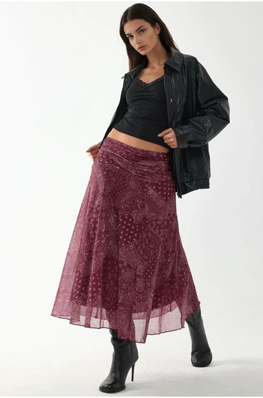 Patterned Midi Wrap Skirt with Ruffle Detail