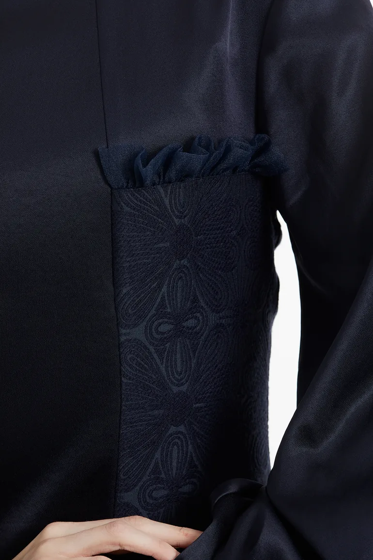 فستان طويل تول بحواف كشكش - كحلي - 3