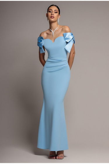 Satin Bow Bardot Sheath Maxi Dress - Ice Blue by Goddiva