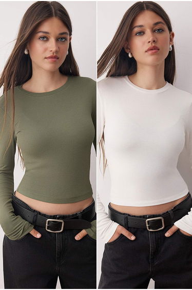 Khaki-Ecru Double Pack Crop/Short Fitted/Body-Smoothing Knitted Blouse