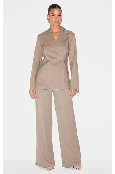 Mocha Brown Premium Tailored Woven Seam Detail Wide Leg Trousers