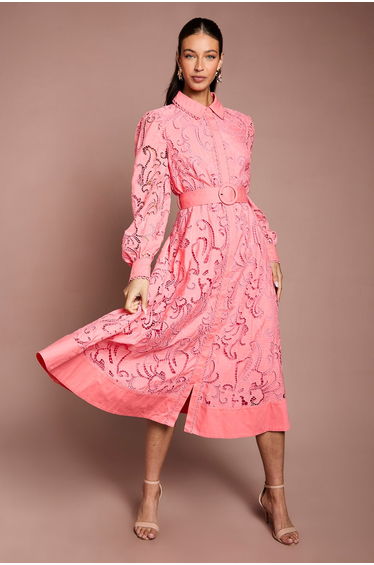Embroidered Cutout Belted Shirt Dress