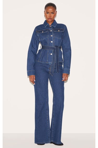 Dark Blue Mid Waist Contrast Stitch Flared Jeans