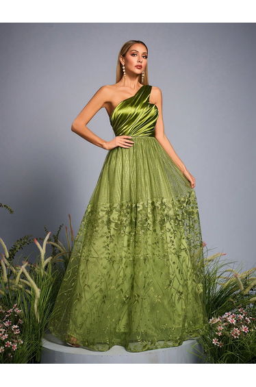 Leely One-Shoulder Satin & Lace Evening Gown