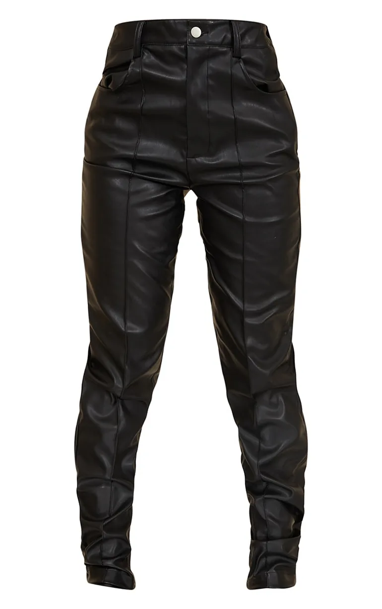 Black Faux Leather Button Straight Leg Trousers - 4
