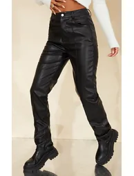 Black Faux Leather Button Straight Leg Trousers - 1