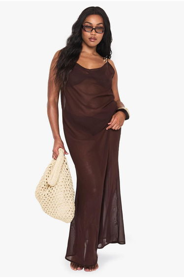 Plus Metal Trim Chiffon Beach Maxi Dress - chocolate
