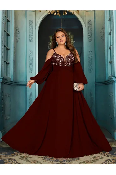 Elegant Gorgeous Plus Size Sequins Formal Dress Summer Evening Gown Strapless Long Sleeve Dress