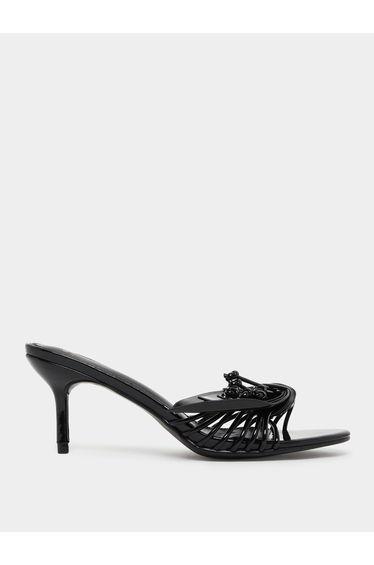Women Black Woven Strap Heel Sandals