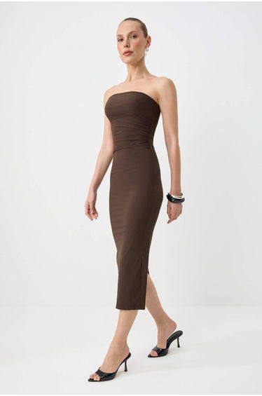 Brown Plain Maxi Woven Dress