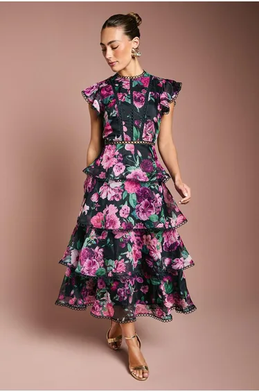 Lace Trim Tiered Organza Dress