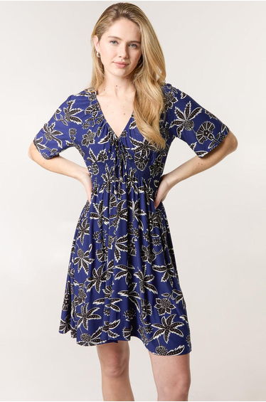 Shirred Waist Beaded V Neck Mini Dress