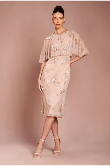 Floral Embellished Cape Midi Dress