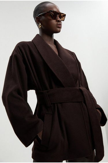 Brushed Wool Belted Wrap Tailored Short Coat