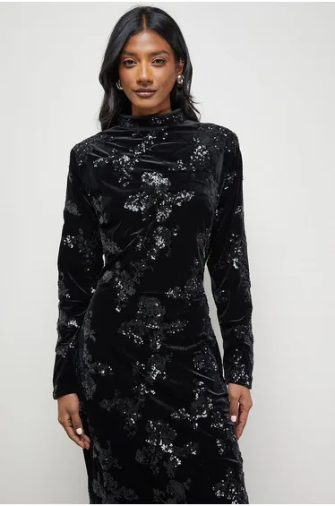 Velvet Sequin High Neck Backless Midaxi Dress