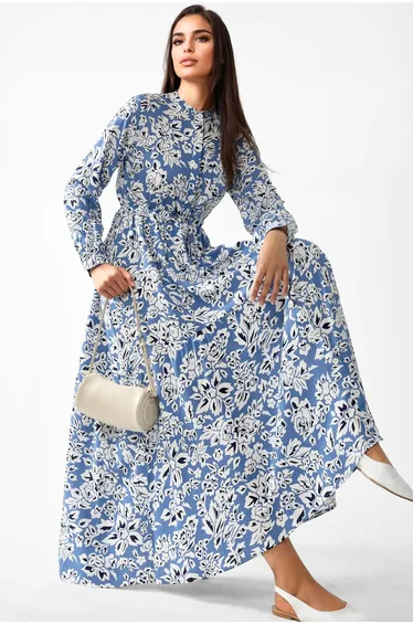 فستان ماكسي بياقة قميص بطبعة