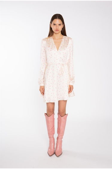 Peach-Pink Daisy V-Neck Mini-Dress