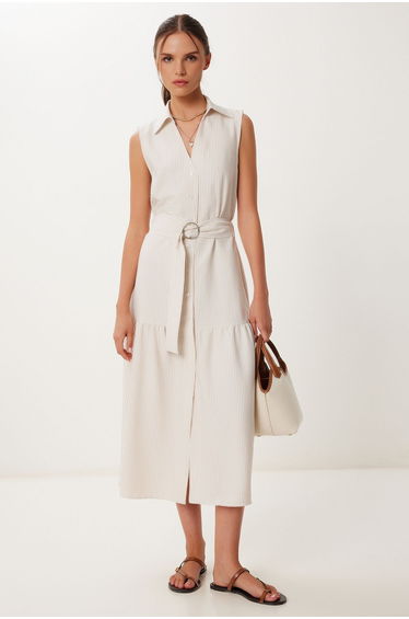 Women's Beige Bone Striped Belted Midi Shirt Dress