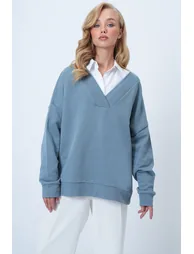 Women's Painted Gray V-Neck Double-Breasted Oversize Sweatshirt - 2