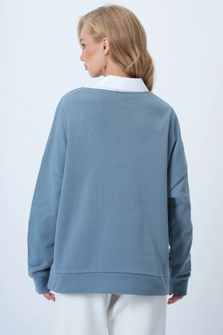 Women's Painted Gray V-Neck Double-Breasted Oversize Sweatshirt - 4
