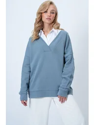 Women's Painted Gray V-Neck Double-Breasted Oversize Sweatshirt - 1