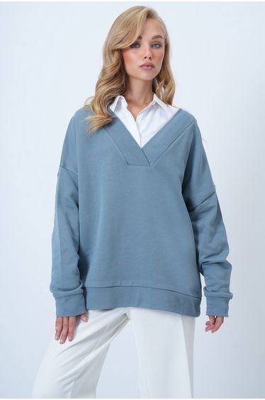 Women's Painted Gray V-Neck Double-Breasted Oversize Sweatshirt