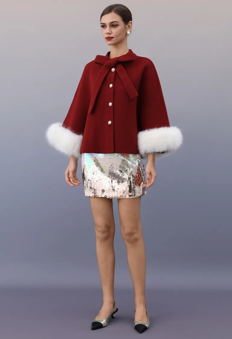 Faux Fur Cuffs Bow-Tie Button Knit Cape Coat in Red - 3