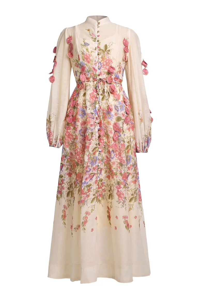 فستان جاردان فو قميص شيفون متعدد الالوان بأكمام طويلة بطبعة أزهار - 7