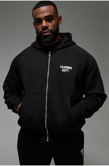 Man Active Training Dept Oversized Boxy Zip Through Hoodie - black
