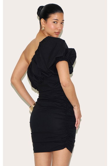 Black Linen-Blend One Shoulder Bodycon Dress product thumbnail 3